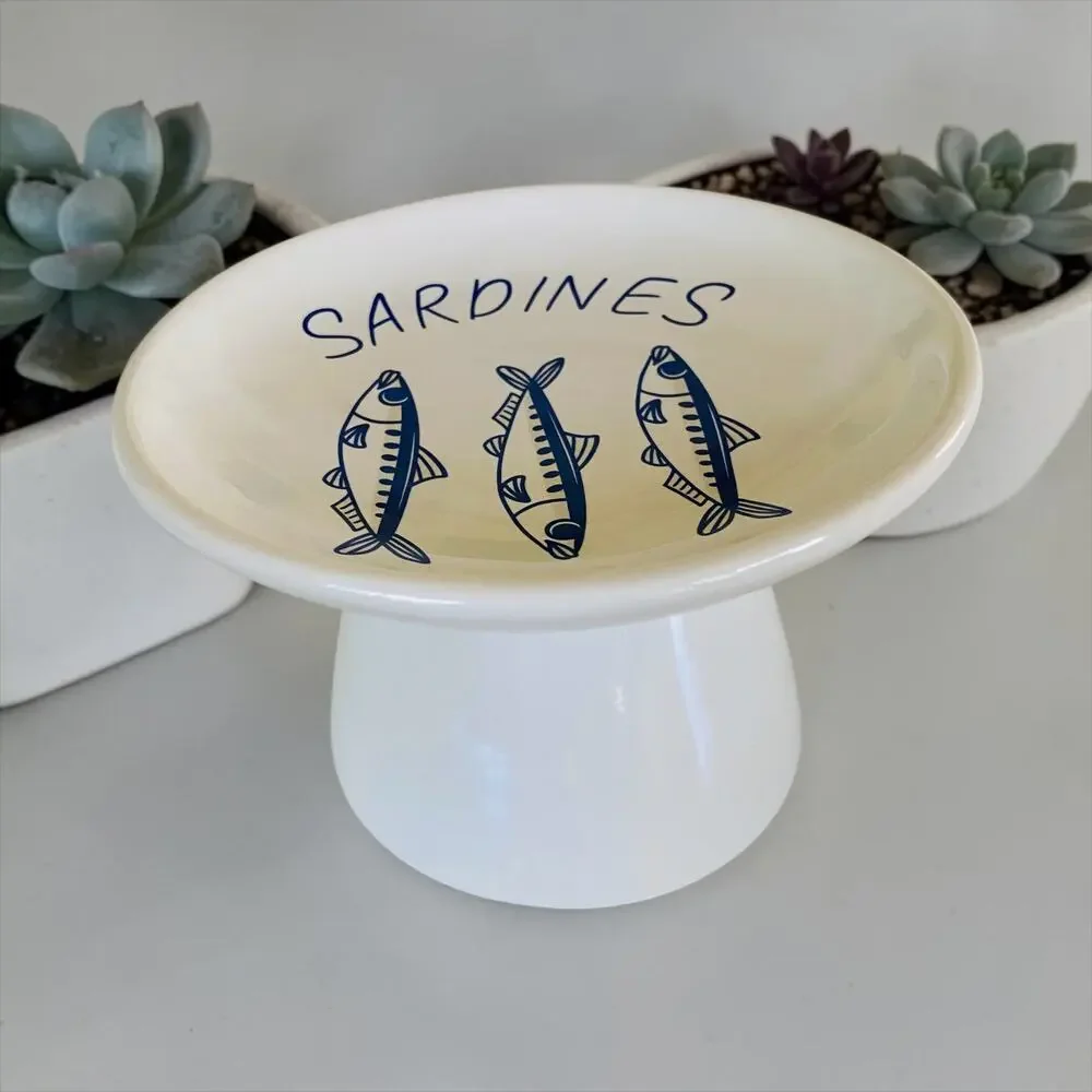 NEW Whisker Friendly Blue Sardines Cat Elevated Raised Cats Food Bowl Dish